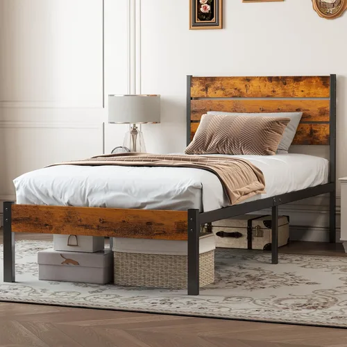 Vista 7 de Sweetcrispy Base de cama de plataforma de metal tamaño individual – Base de colchón con cabecera y estribo, no necesita somier, con soporte