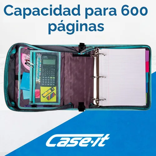 Vista 3 de Case-it Mighty Zip Tab - Carpeta escolar con cremallera Anillas en O de 3 pulgadas, capacidad de 600 hojas, carpeta de archivos expandible de 5 Un