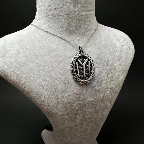Vista 2 de Joyería turca ovalada Kayi Iyi Ertugrul Motif 925K plata esterlina colgante unisex coche colgante, Plata esterlina
