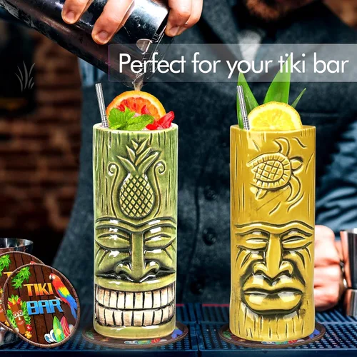 Vista 4 de SuproBarware Tiki - Juego de 2 tazas de cerámica para fiestas con pajitas, juego de tazas creativas grandes hawaianas grandes para bar