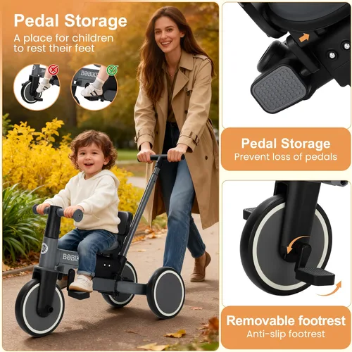 Vista 4 de BoBike Triciclo 5 en 1 para niños pequeños de 18 meses a 5 años, bicicleta para niños con pedales mejorados, mango de empuje para padres, bicicleta