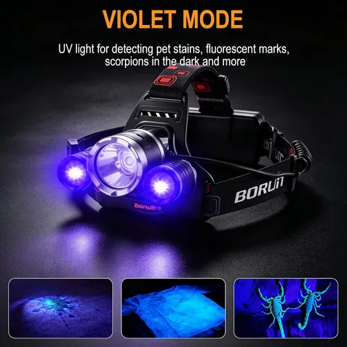 Vista 3 de BORUIT RJ-3000 - Linterna frontal de luz LED negra, 3 modos de luz blanca y UV, lámpara de cabeza de aluminio recargable USB-C súper brillante