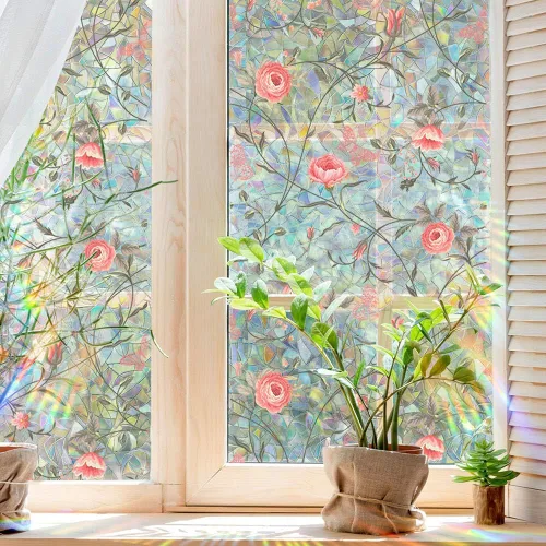 Vista 4 de Película de Privacidad de Ventana de Rosetón Retro, Calcomanías de Vidrio Emplomado Rosa Roja Calcomanías de Privacidad Arcoíris Sala de Estar