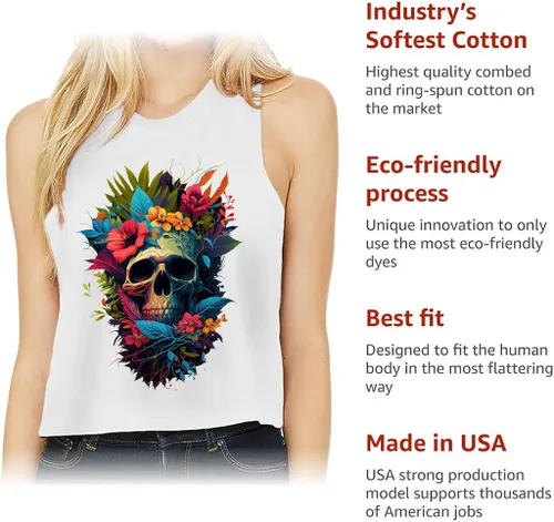 Vista 5 de Flower Design Racerback Cropped Tank - Colorful Women's Tank - Skull Tank Top