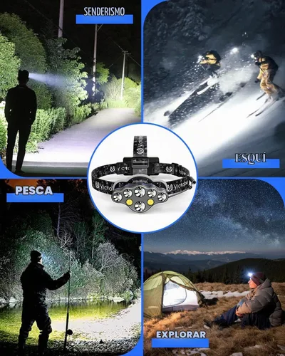 Vista 6 de Victoper - Linterna frontal recargable, 8 LED de 18000 lúmenes con luz roja, linterna frontal USB ligera, impermeable, de 8 modos, equipo para Negro