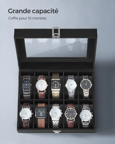 Vista 4 de SONGMICS Caja de reloj, caja de reloj de 10 ranuras con tapa de vidrio grande, almohadas extraíbles para reloj, organizador de caja de reloj, regalo