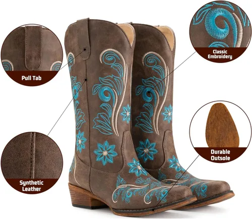 Vista 5 de IUV Botas vaqueras para mujer, botas occidentales de media pantorrilla, pestañas sin cierre, botas puntiagudas