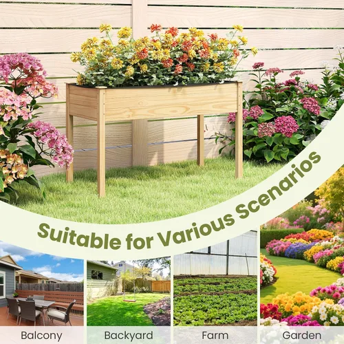 Vista 7 de Giantex Cama de jardín elevada, maceta elevada de madera con forro, cama elevada independiente de 47 x 23 x 30 pulgadas para plantas