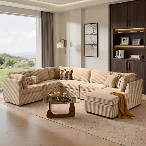 Vista 25 de Ovios - Sofá modular con diván en forma de U y otomanas, cómodo y mullido, tapizado en pana estilo nube, moderno, asiento profundo, juego de sofás