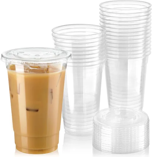 Vista 8 de Fit Meal Prep Paquete de 50 vasos de plástico transparente de 9 onzas con tapas planas, tazas desechables para café helado, sin BPA, taza de batido