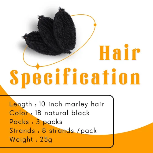 Vista 2 de Cabello para Trenzas Marley Twist de 10 pulgadas Negro 3 Paquetes Cabello Afro Twist Elástico Preseparado para Locs Suaves Cabello Spring Twist