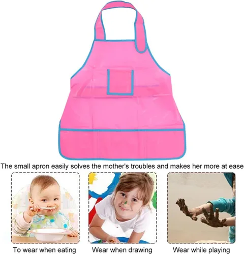 Vista 3 de GALPADA Delantal de pintura para niños, delantal de pintura, suministros de arte, delantal de plástico para niños, Rosado
