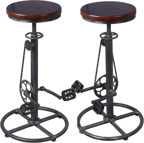 Vista 10 de Juego de 2 taburetes de bar industriales, giratorios, vintage, para café, cocina, comedor, isla, reposapiés, pedal de bicicleta, extra alto, altura