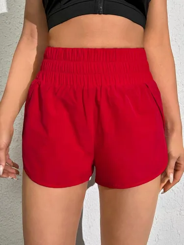 Vista 2 de Cozyease Pantalones cortos deportivos con dobladillo de tulipán para mujer, pantalones cortos lisos y casuales de cintura alta
