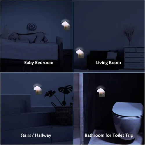 Vista 2 de iBetterLife [50 paquetes] Sensor LED de hongos luz nocturna enchufable de pared linda luz nocturna de hongos lámpara de dormitorio de ensueño