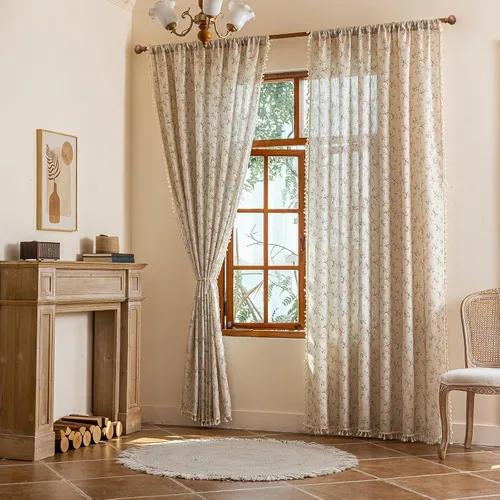 Vista 4 de Cortinas florales de granja semiopacas para sala de estar, de 63 pulgadas de largo, mezcla de lino y algodón, paneles de cortina de ventana cortos