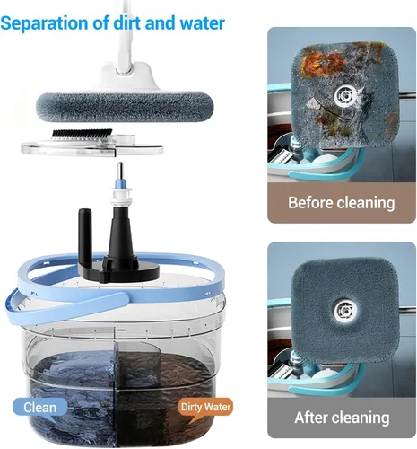 Vista 4 de Trapeador giratorio y cubo con agua sucia y limpia separada para limpieza de suelos