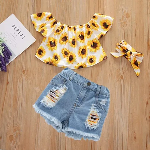 Vista 2 de Zero2Seven Conjunto de ropa de verano para bebés y niñas pequeñas, pantalones cortos de mezclilla rasgados, floral, camiseta sin mangas para niños
