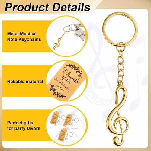 Vista 3 de Taiyin Juego de 15 llaveros de notas musicales con bolsas de organza, baratijas de metal g para decoración de recuerdos de fiesta de boda (dorado)
