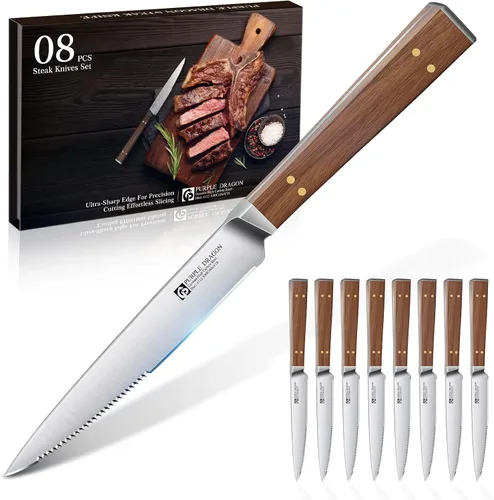 Vista 17 de Juego de 4 cuchillos de carne serrados de Purple Dragon de acero alemán de alto carbono con mango cuadrado de madera - Corte sin esfuerzo - Regalo