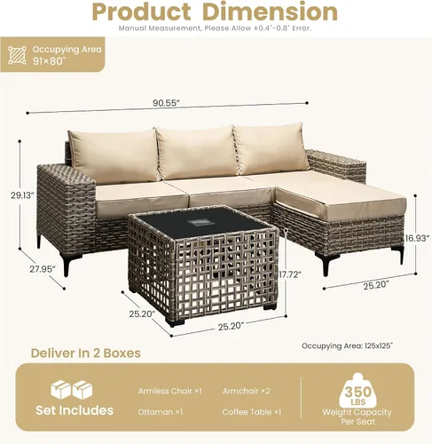 Vista 7 de HOOOWOOO Juego de muebles de patio de 5 piezas, sofá modular en forma de L para exteriores con mesa solar, mimbre PE para todo tipo de clima, sofá