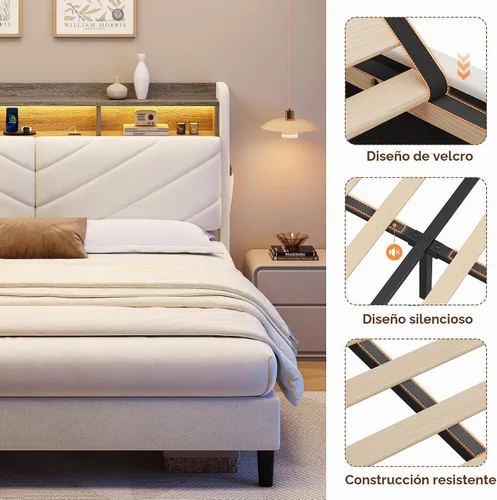 Vista 8 de Jocoevol Beige Queen Size Velvet Bed Frame with Ergonomic Headboard