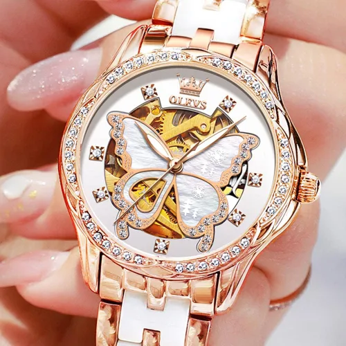 Vista 7 de OLEVS Relojes de oro rosa para mujer correa de acero inoxidable de cerámica reloj mecánico automático calendario de puntero luminoso impermeable