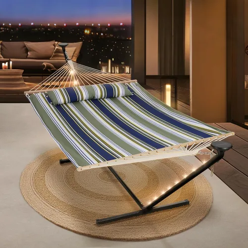 Vista 11 de SUNCREAT Hamaca doble con soporte de 12 pies, luces solares incluidas, hamaca al aire libre para exterior, gris oscuro