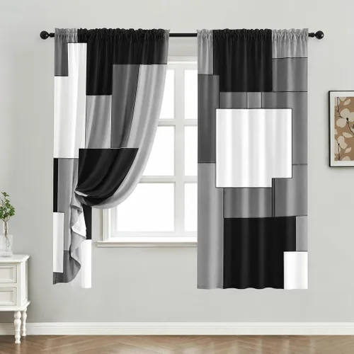 Vista 2 de Cortinas negras y grises para sala de estar, 63 pulgadas de largo, cortinas geométricas modernas, negras, blancas, grises, abstractas, con bolsillo