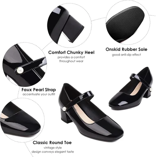 Vista 3 de Naiyee Mary Jane Shoes - Zapatos de vestir con correa de tobillo y tacón grueso para mujer, zapatos de tacón bajo con punta redondeada