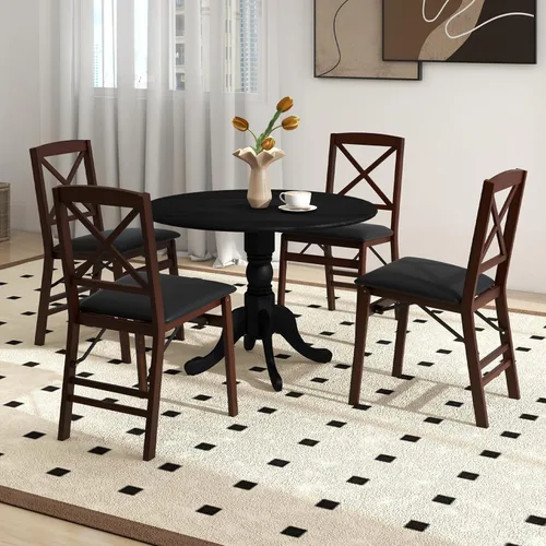 Vista 2 de Mesa de comedor redonda para 4, mesa de cocina rústica con mesa de 40 pulgadas, patas curvadas de caballete, mesa de tulipán de madera de goma, mesa