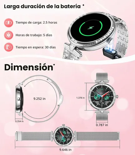 Vista 8 de LIGE Relojes inteligentes para mujeres (Responder/Realizar llamada) con diamantes, reloj inteligente AMOLED de 1.19” con monitor de ritmo