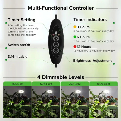 Vista 3 de Luz de cultivo con clip de 12 W para plantas de interior, luz de planta con clip de maceta con cuello de cisne flexible, luz de crecimiento pequeño