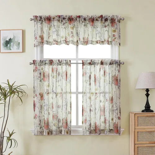 Vista 6 de OWENIE - Cortinas de cenefa arrugada transparentes de 14 pulgadas de longitud 2 piezas, cenefa moderna pequeña impresa para cocina, sala de estar