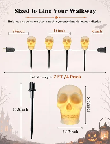 Vista 2 de Luces de estaca C7 de Halloween con calavera, 7 pies, cadena de luces de camino de Halloween con 4 bombillas C7, estaca, decoraciones de Halloween