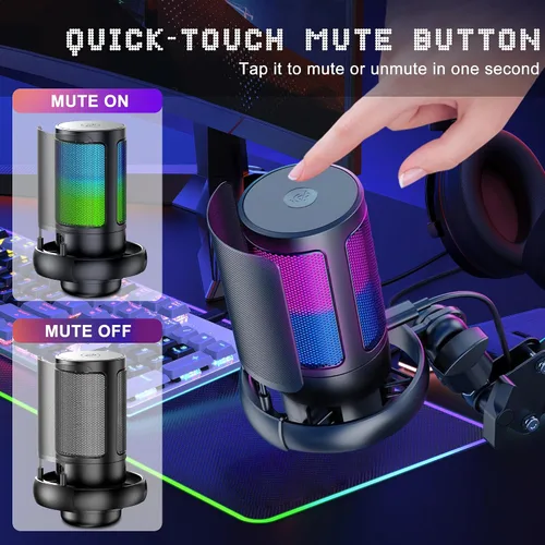 Vista 3 de KingSom Micrófono USB para juegos, micrófono condensador de cancelación de ruido con brazo de brazo RGB, micrófonos para podcast RGB