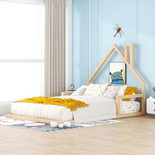 Vista 15 de Quarte Cama de suelo de madera de tamaño individual con cabecera en forma de casa, marco de cama de plataforma de madera para dormitorio,