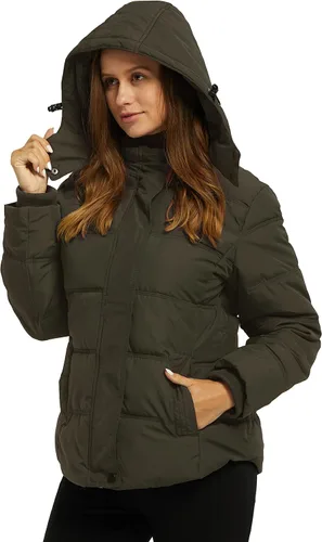 Vista 4 de Wantdo - Abrigo acolchado con capucha para mujer, chaqueta puffer cálida y gruesa de invierno con capucha removible Verde militar