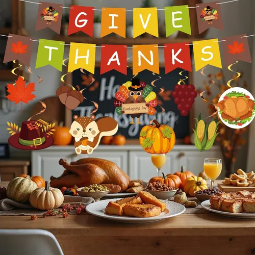 Vista 5 de Decoraciones de Acción de Gracias, pancarta de agradecimiento y pavo y calabaza, arce, remolinos colgantes para interiores, hogar, oficina, aula