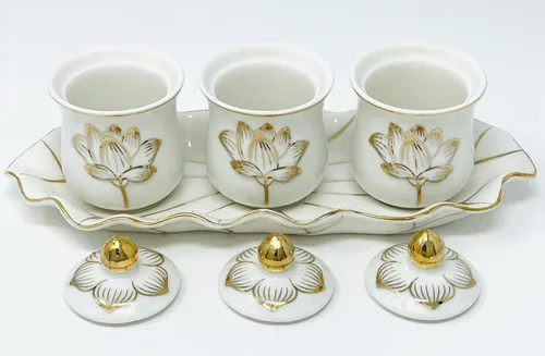 Vista 3 de Houlu Juego de 3 tazas de altar, taza de cerámica para ofrenda de agua bendita, taza de adoración budista tibetana (blanco)