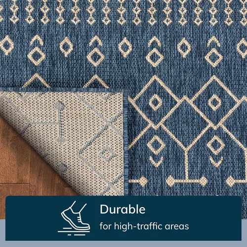 Vista 6 de Well Woven Medusa Nord - Alfombra marroquí tribal para interiores y exteriores, color azul, tejido plano, 5 pies 3 pulgadas x 7 pies 3 pulgadas