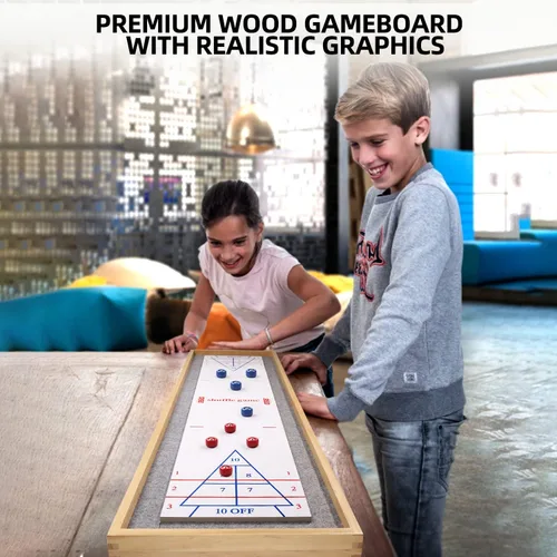 Vista 5 de GSE Games & Sports Expert Juego de mesa de Shuffleboard y Curling de madera maciza 2 en 1 con 8 rodillos para familia y amigos