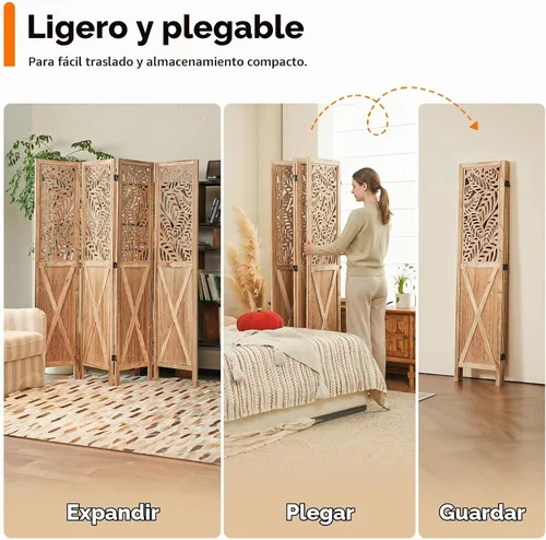 Vista 7 de JOSTYLE Divisor de habitación bohemio con tallado de hojas, pantalla de madera calada de 4 paneles, partición plegable decorativa para dormitorio