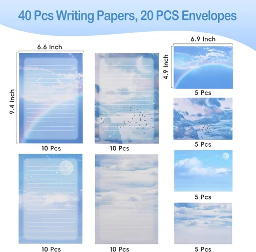 Vista 2 de Juego de papel de papelería y sobres, 40 papeles de papelería forrados para escribir cartas y 20 sobres a juego, papeles de escritura de letras