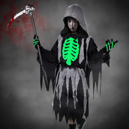 Vista 3 de Neragron Disfraz de la parca para niños y adultos, esqueleto que brilla en la oscuridad, disfraz de Halloween, guadaña con guantes incluidos