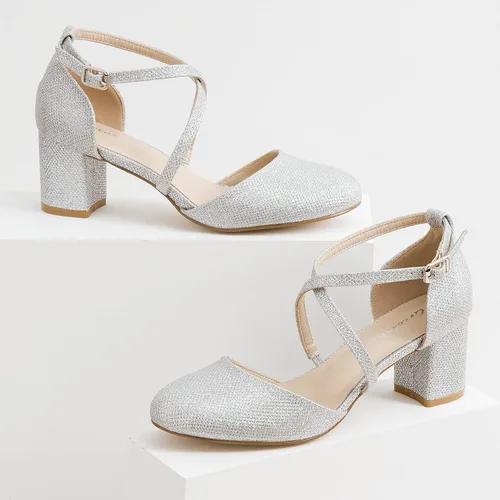 Vista 5 de Greatonu Zapatos de vestir de tacón bajo para mujer, puntera redonda cerrada, correa cruzada, para boda, novia, fiesta, oficina