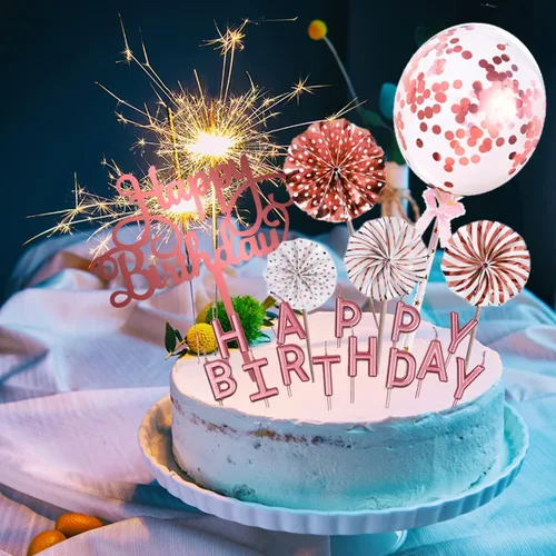 Vista 6 de Decoración de pastel de oro rosa con velas de feliz cumpleaños, decoración de pastel de cumpleaños acrílico, globo de confeti y abanicos de papel