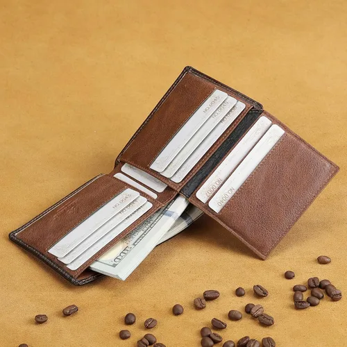Vista 3 de Billeteras para hombres RFID de cuero genuino delgado plegable cartera, Marrón, Billetera plegable