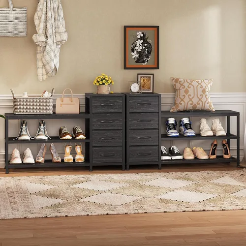 Vista 6 de EXOTICA Banco de entrada de 3 niveles con almacenamiento para zapatos, banco con 4 cajones de tela, marco metálico y tablero de madera, zapatero