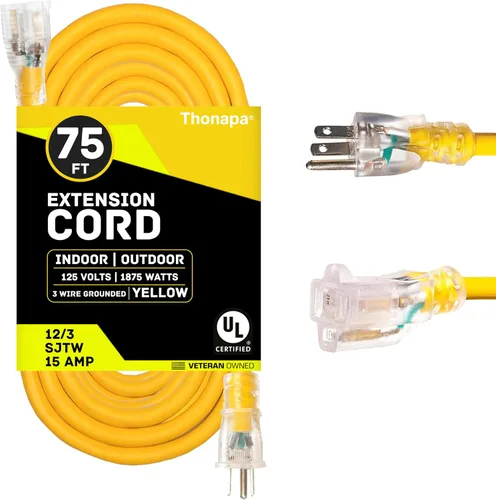 Vista 16 de Thonapa Cable de extensión de calibre 12 de 6 pies para exteriores, resistente 12/3, extremo iluminado SJTW Cable negro, 3 clavijas, enchufe a